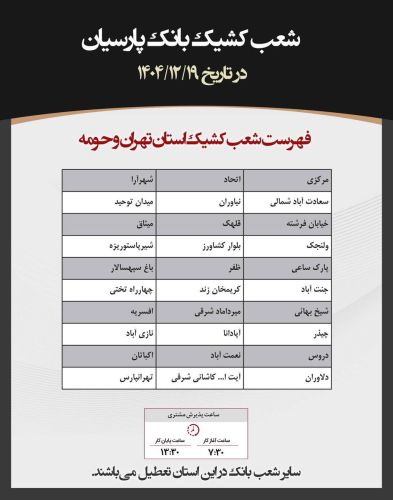  فهرست شعب کشیک بانک پارسیان استان تهران و حومه