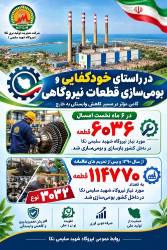 در 6 ماه نخست امسال 6036 قطعه مورد نیاز نیروگاه شهید سلیمی نکا در داخل کشور بازسازی و بومی سازی شد در 6 ماه نخست امسال 6036 قطعه مورد نیاز نیروگاه شهید سلیمی نکا در داخل کشور بازسازی و بومی سازی شد